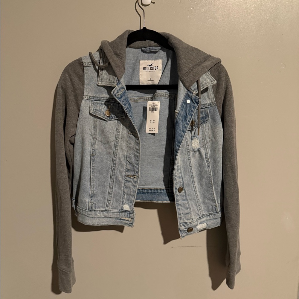 Hollister Light Blue Denim Jacket with Gray Hood
